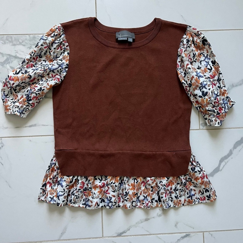 Anthropologie Layered Look Floral Puff Sleeve Peplum Top sz small